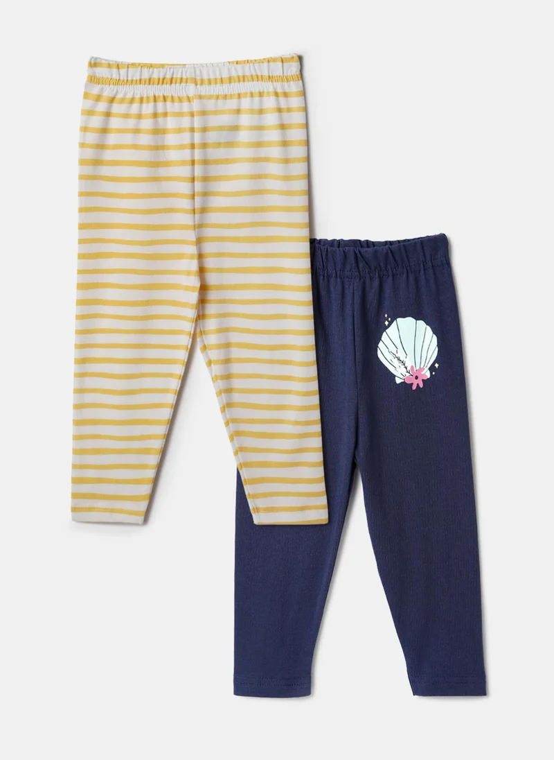 Nautinati Nautinati Pack of 2 Yellow Striped and White Printed Leggings for Girls