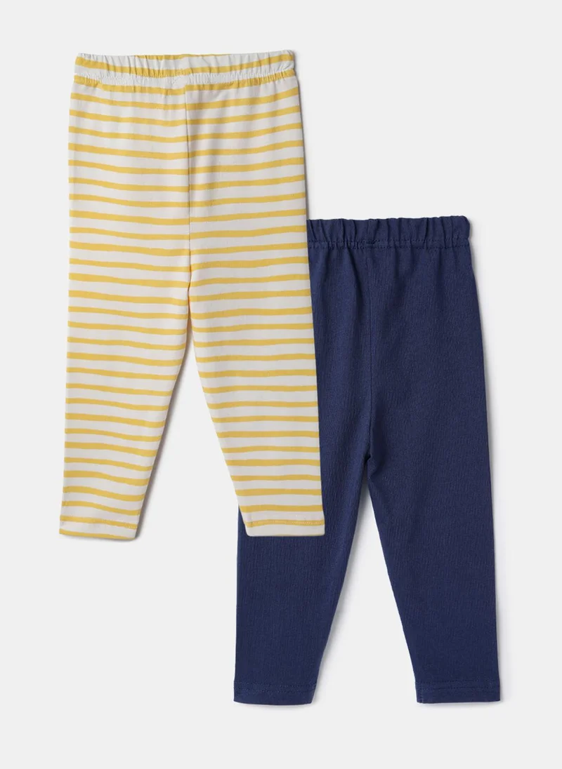 Nautinati Nautinati Pack of 2 Yellow Striped and White Printed Leggings for Girls