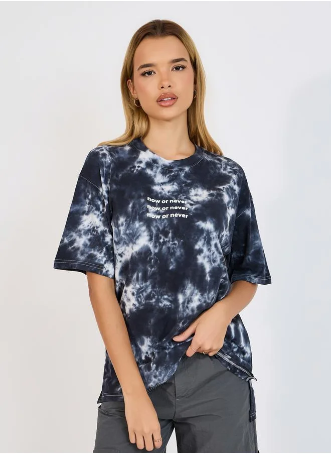 Styli Tie Dye Slogan Print T-Shirt with Short Sleeves