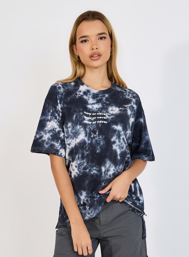 Styli Tie Dye Slogan Print T-Shirt with Short Sleeves  - Image 1