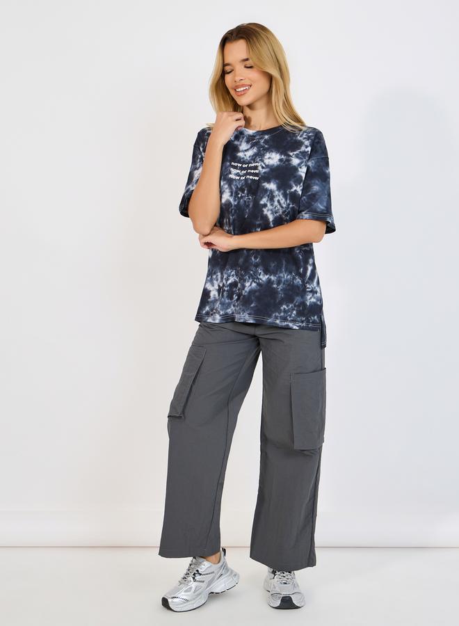 Styli Tie Dye Slogan Print T-Shirt with Short Sleeves  - Image 2