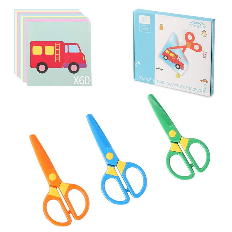 amassan 3-Pack Toddler Safety Scissors Kit - Child-Safe Preschool Training Scissors & 60 Sheets Craft Paper | Ergonomic Blunt Tips, Early Childhood Development Tools for Kids 2-5 Years - Image 1
