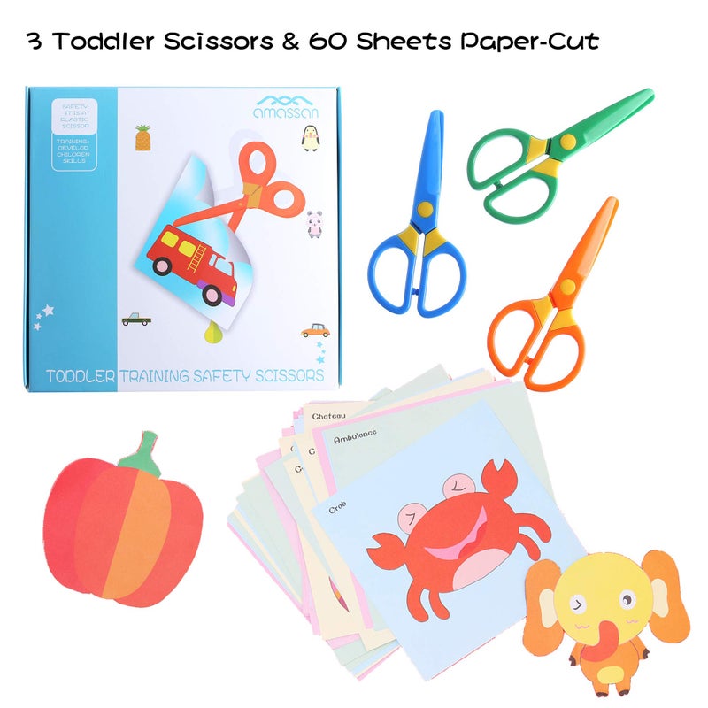 amassan 3-Pack Toddler Safety Scissors Kit - Child-Safe Preschool Training Scissors & 60 Sheets Craft Paper | Ergonomic Blunt Tips, Early Childhood Development Tools for Kids 2-5 Years - Image 2