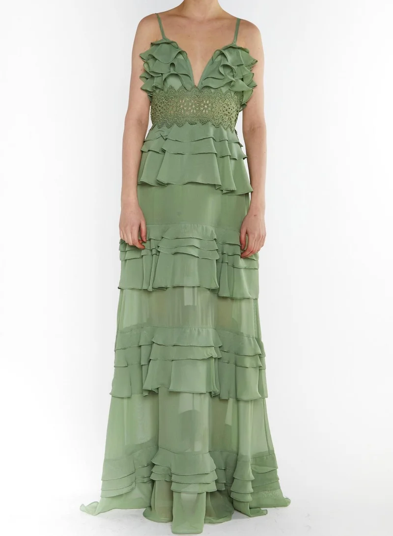 ترو ديكادينس Sophia Sage Green Plunge Front Tiered Ruffle Maxi-Dress