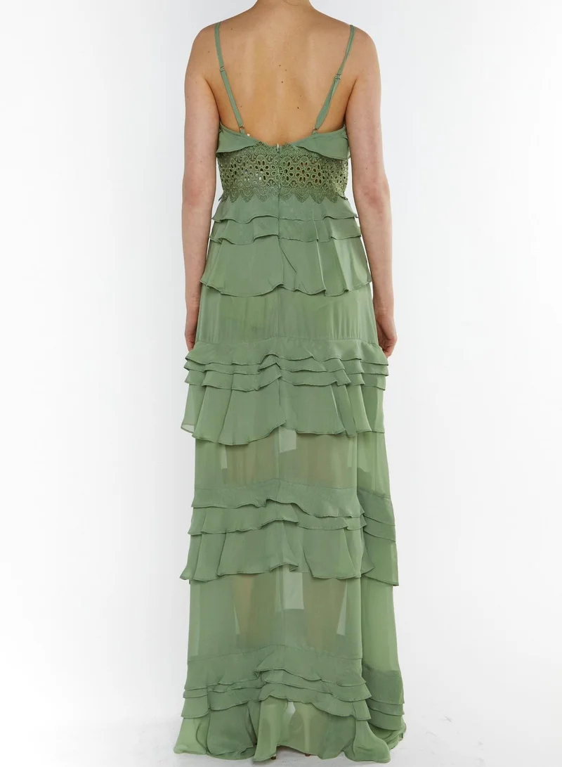 ترو ديكادينس Sophia Sage Green Plunge Front Tiered Ruffle Maxi-Dress