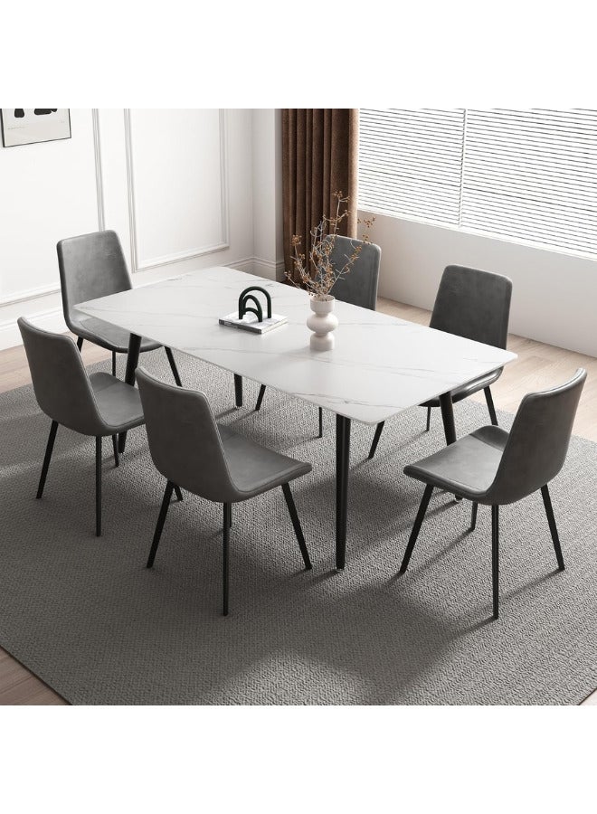 SULSHA Dining Table Set 6 Seater with White Rectangular Marble Top Finish and Steel Legs, Grey PVC Leather Dining Chairs, Modern Dining Table Set for Dining Room and Living Space - Image 1