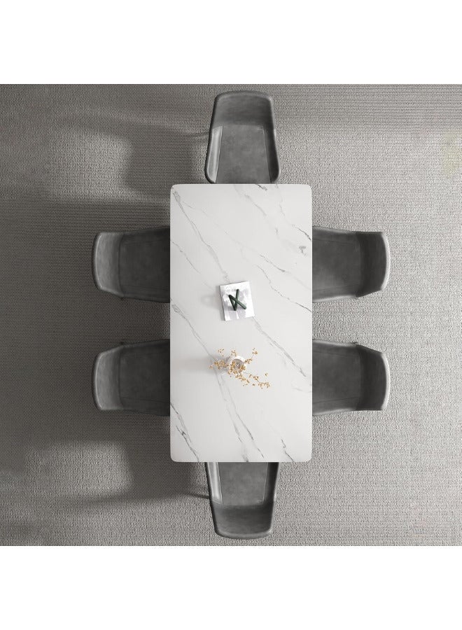 SULSHA Dining Table Set 6 Seater with White Rectangular Marble Top Finish and Steel Legs, Grey PVC Leather Dining Chairs, Modern Dining Table Set for Dining Room and Living Space - Image 2