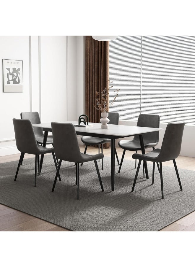 SULSHA Dining Table Set 6 Seater with White Rectangular Marble Top Finish and Steel Legs, Grey PVC Leather Dining Chairs, Modern Dining Table Set for Dining Room and Living Space - Image 3
