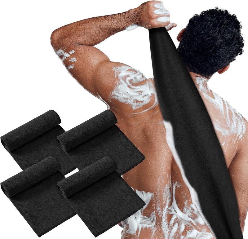 Tatuo 4 Pieces Korean Exfoliating Washcloth Body Back Scrubber Japanese Italy Exfoliating Cloth 35.5 Inch Long Bath Towel Washcloth Dead Skin Remover for Men Women(Black) - Image 1