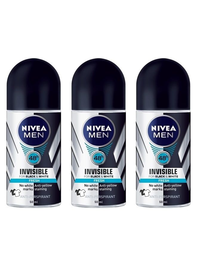 Nivea (Pack of 3 Bottles) Nivea INVISIBLE FOR BLACK & WHITE FRESH Scent Men's Roll On Anti-perspirant Deodorant (Pack of 3 Bottles, 1.7oz / 50ml Each Bottle)
