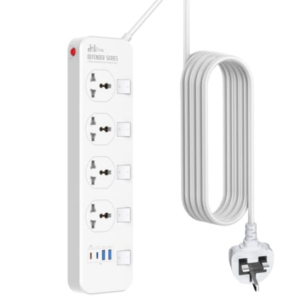 Extension Board With Usb Slots, 2500W/10A Power Strip, 4 Way Outlets 2 USB-A + 1 USB-C, Universal Spike Guard Sockets With Individual SwitchSafety Shutter, 2M Cable