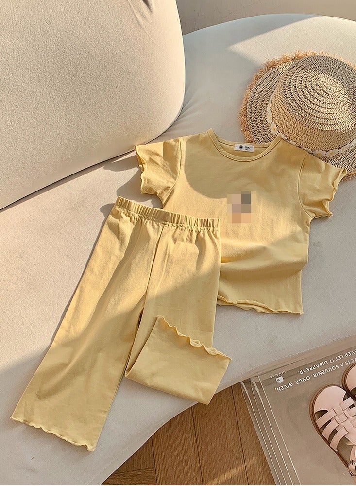 Loquat Girls Ruffle Short Sleeve T-Shirt And Loose Pants Summer Casual Set Yellow 