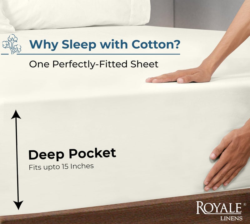 Royale Linens 100% Organic Cotton Fitted Sheet - Percale Weave - Super Soft Deep Pocket Bottom Sheets - Ivory Elastic Sheet Queen Size - Queen Fitted Sheets Only - (60"x80"+15", Ivory) - Image 2