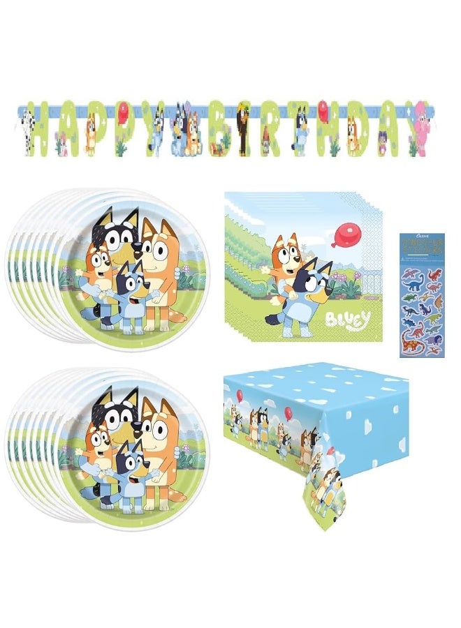 Unique Bluey Birthday Party Supplies Bundle includes Lunch Plates, Lunch Napkins, Table Cover, Happy Birthday Banner (Bundle for 16 with 1 Dinosaur Sticker Sheet) - Image 1