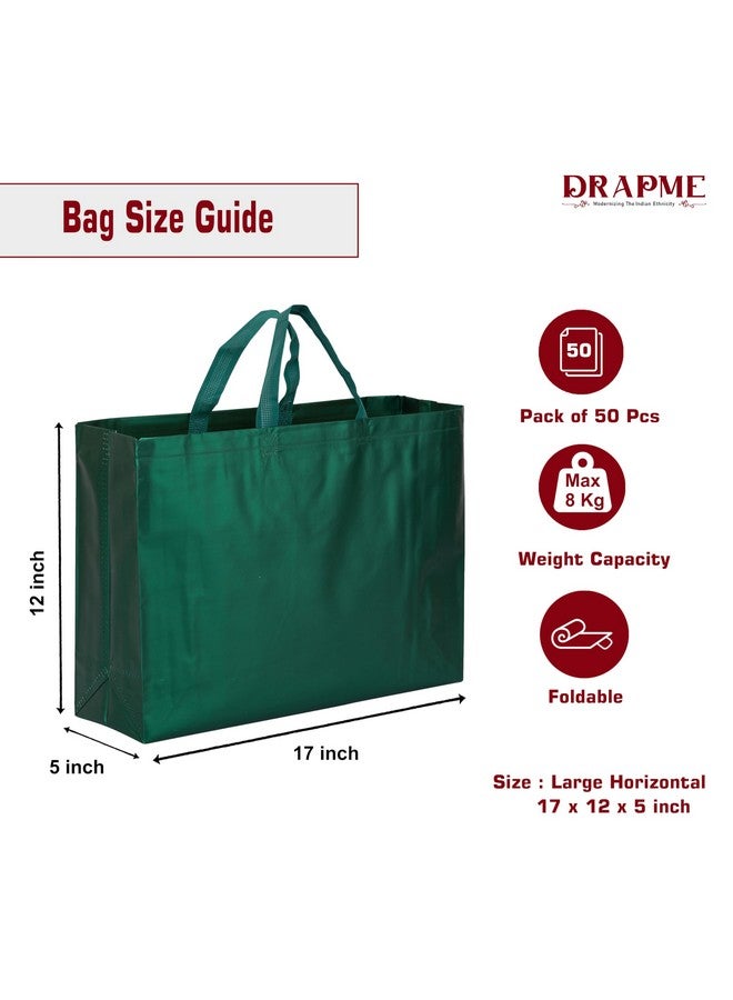Drapme Large Size Pack of 50 Pcs Matt Metallic Laminated Non-Woven Reusable Eco-Friendly Party Return Gift Bags (Bottle Green) (Large 17x12x5 Inch) - Image 2