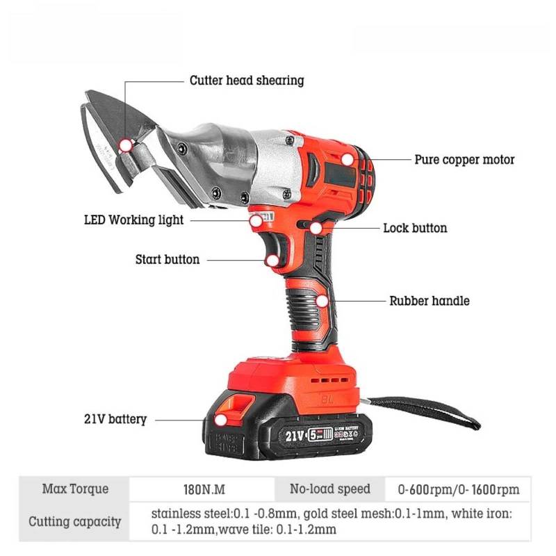 Cordless Electric Shears 26*25.5*8cm Red And Black 360-Degree Swivel Head Power Scissors - 21V 1500mAh Long-Lasting Battery Variable Speed Cutting Tool For Metal Fabric Leather Carpet Cutting - Image 2