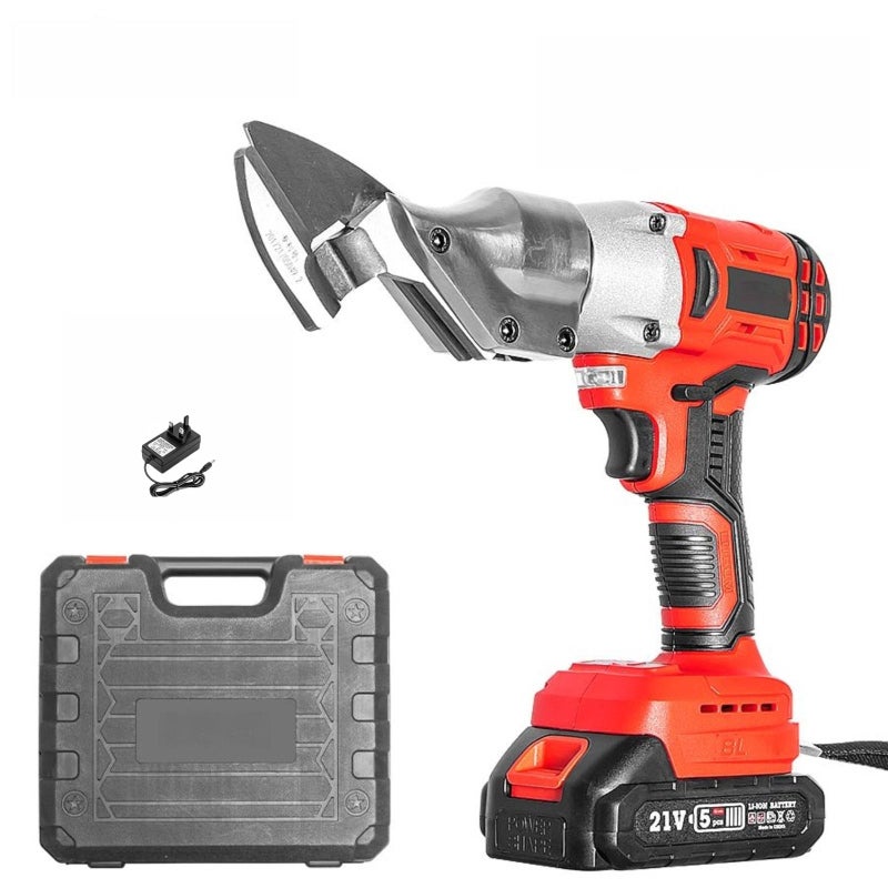 Cordless Electric Shears 26*25.5*8cm Red And Black 360-Degree Swivel Head Power Scissors - 21V 1500mAh Long-Lasting Battery Variable Speed Cutting Tool For Metal Fabric Leather Carpet Cutting - Image 1