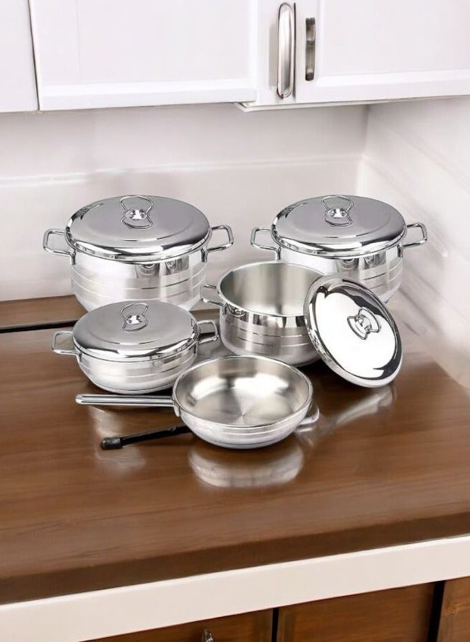 بونيرا طقم قدور ستانليس ستيل تركي 9 قطع,  18/10 صناعة تركية , مجموعة من 9 قطع تتضمن المقاسات الأحجام: قدور 16 سم، 20 سم، 24 سم قدر منخفض 24 سم مقلاة مقاس 24 سم، - Image 1