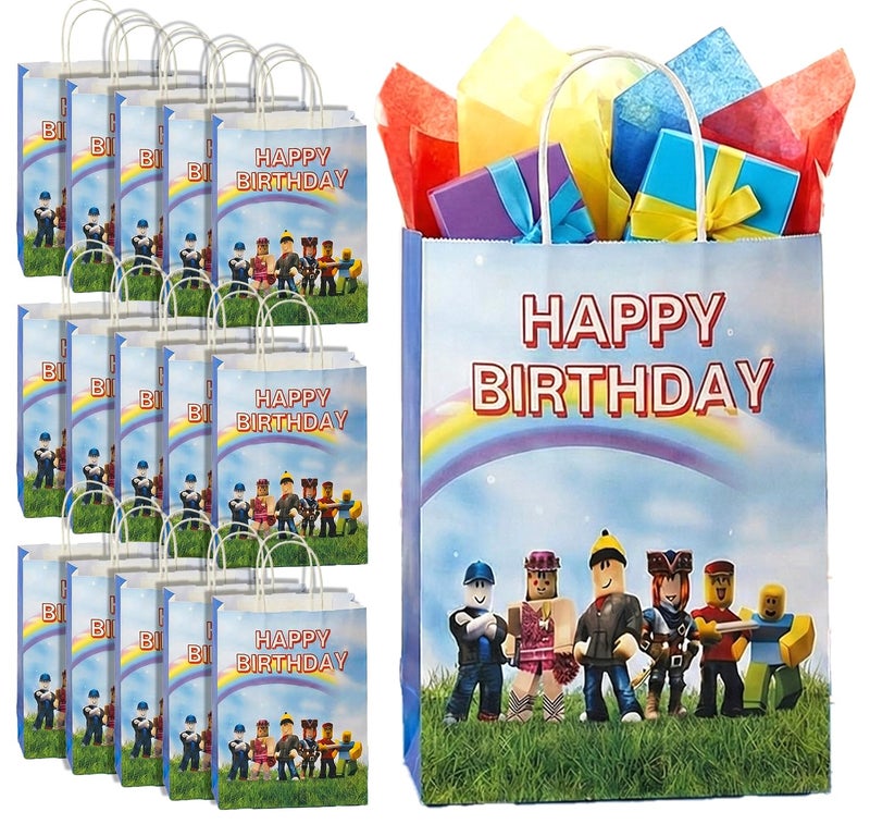 IndoTribe 16 Pcs Game Theme Gift Bags with Handles Goodie Bags Party Favor Bags Paper Bags with Handles for Candies, Treaty, Gifts and Return Gift Pixel Birthday Party Favors Video Game Birthday Party Supplies - Image 1