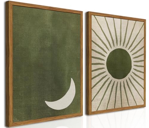 Hwetui Framed Boho Sun and Moon Canvas Wall Art Set of 2 Vintage Sage Green Bohemian Pictures Wall Decor Mid Century Modern Abstract Minimalist Paintings Prints for Living Room Bedroom Office 12x16 inch - Image 1