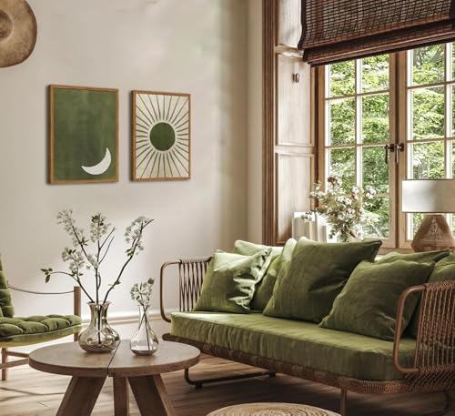 Hwetui Framed Boho Sun and Moon Canvas Wall Art Set of 2 Vintage Sage Green Bohemian Pictures Wall Decor Mid Century Modern Abstract Minimalist Paintings Prints for Living Room Bedroom Office 12x16 inch - Image 3