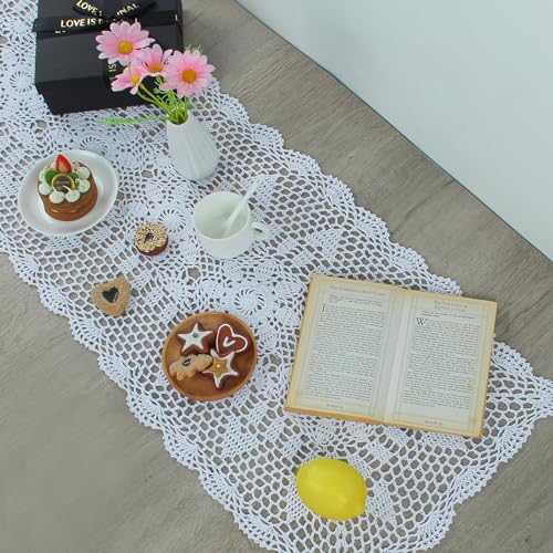 kilofly كيلوفلاي عداء طاولة مستطيل من الدانتيل المحبوك يدويًا 15 × 36 بوصة، أبيض - Image 3