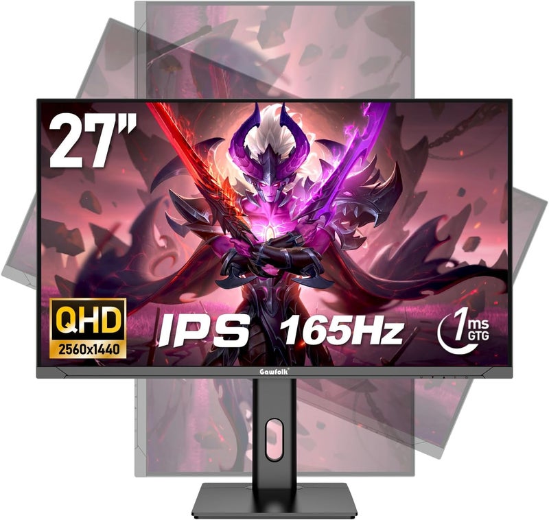 Gawfolk شاشة ألعاب 27 بوصة 2K 165Hz IPS QHD (2560x1440P) سرعة 1ms (GTG) 100% sRGB FreeSync إضاءة RGB قابلة لتعديل الارتفاع والإمالة والدوران - Image 1