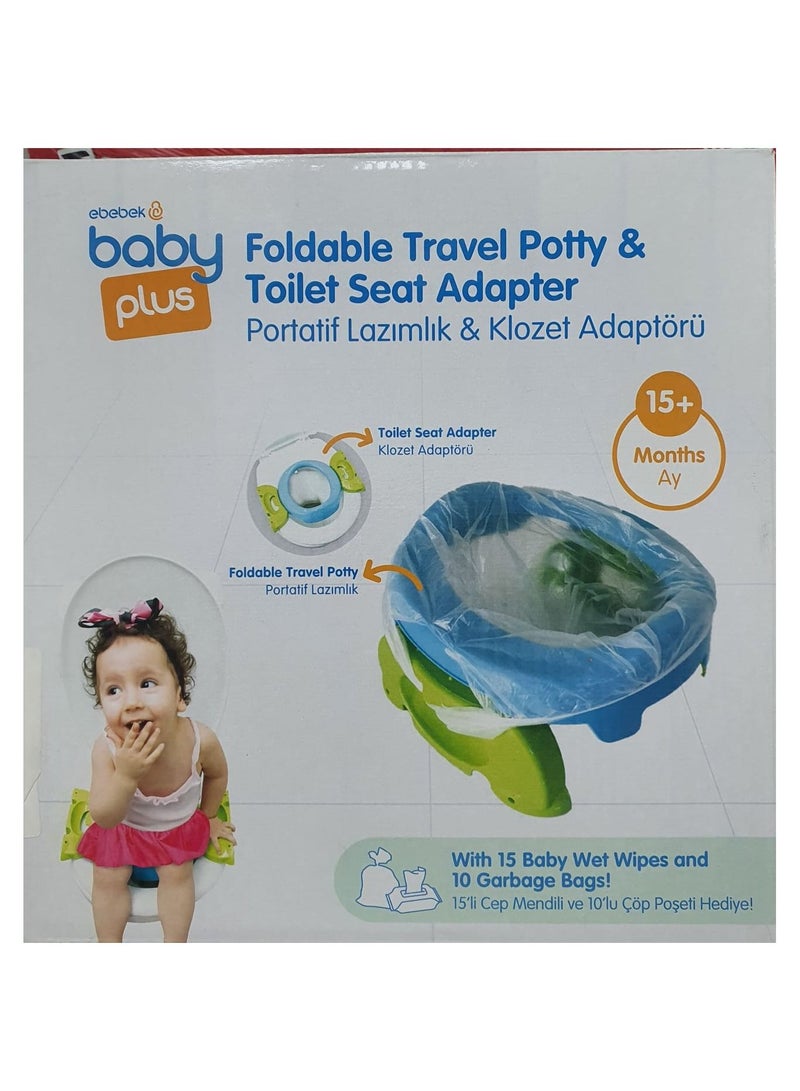 BABY PLUS Folding Baby Toilet and Toilet Seat Adapter for 15 Months and Up with Gift 15 Pocket Wipes and 10 Trash Bags - Image 1
