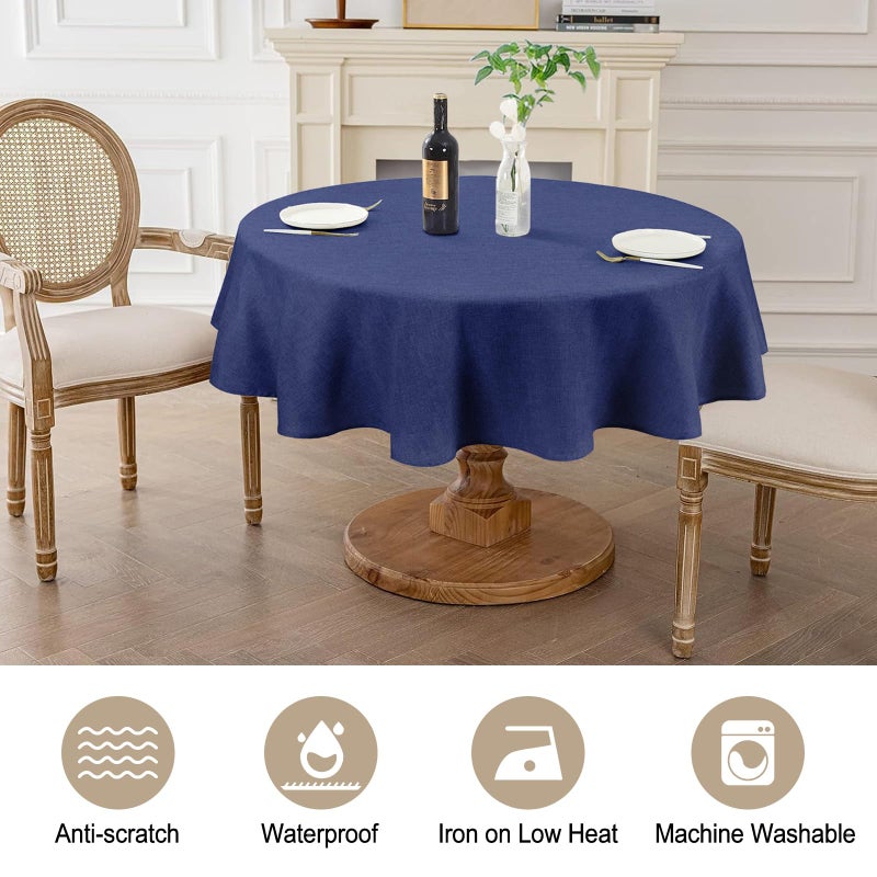 AUSSPVOCT Textured Tablecloth Round 60 Inch Waterproof Spill-Proof Wipeable Blue Table Cloth Wrinkle Free Fabric Dining Table Cover for Birthday Party Farmhouse Kitchen Dining Tabletop Cover - Image 2