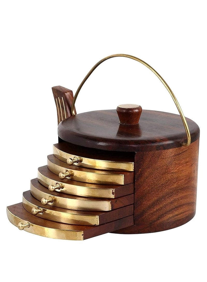 Believe Store Kettle Shape Wooden Drink Coasters Wood Table Coaster Set Of 6 For Tea Cups Coffee Mugs Cans Tumblers And Water Glasses Brass Work Brown Kettle Shape  - Image 1
