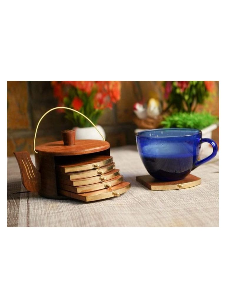 Believe Store Kettle Shape Wooden Drink Coasters Wood Table Coaster Set Of 6 For Tea Cups Coffee Mugs Cans Tumblers And Water Glasses Brass Work Brown Kettle Shape  - Image 3