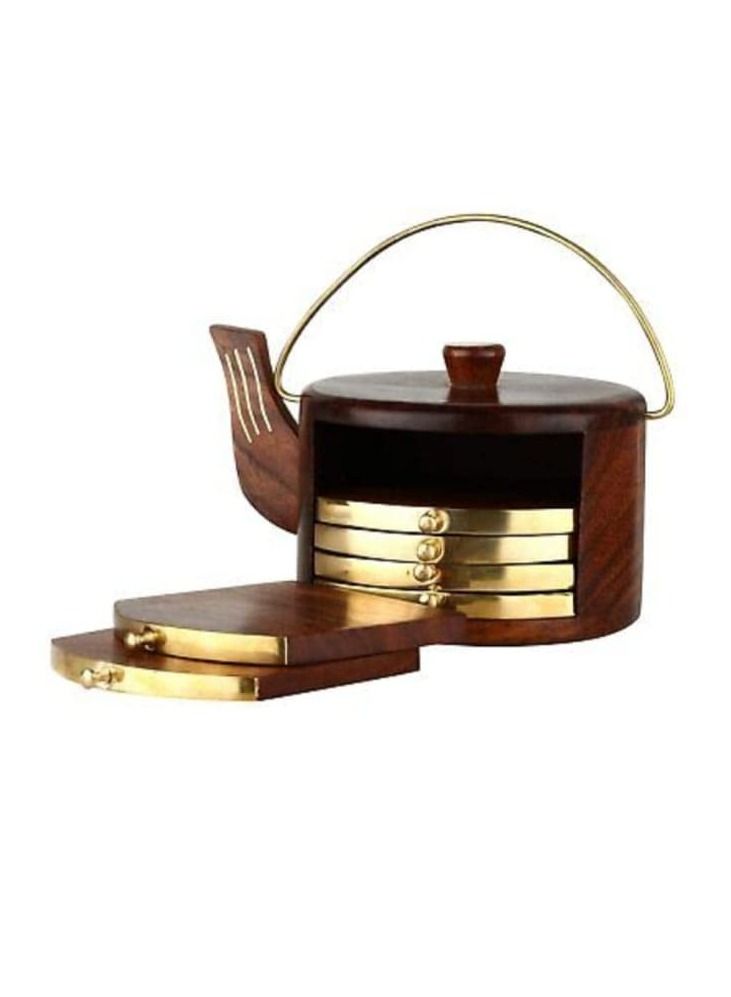 Believe Store Kettle Shape Wooden Drink Coasters Wood Table Coaster Set Of 6 For Tea Cups Coffee Mugs Cans Tumblers And Water Glasses Brass Work Brown Kettle Shape  - Image 2