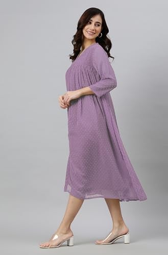 Janasya Women's Chiffon Lavender Flared Summer Dress for Women - Image 3