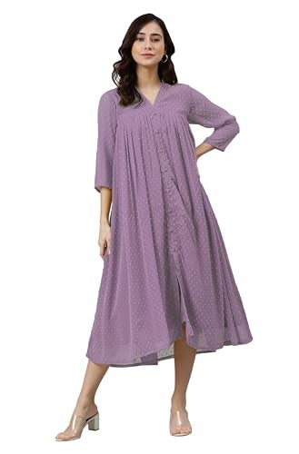 Janasya Women's Chiffon Lavender Flared Summer Dress for Women - Image 1