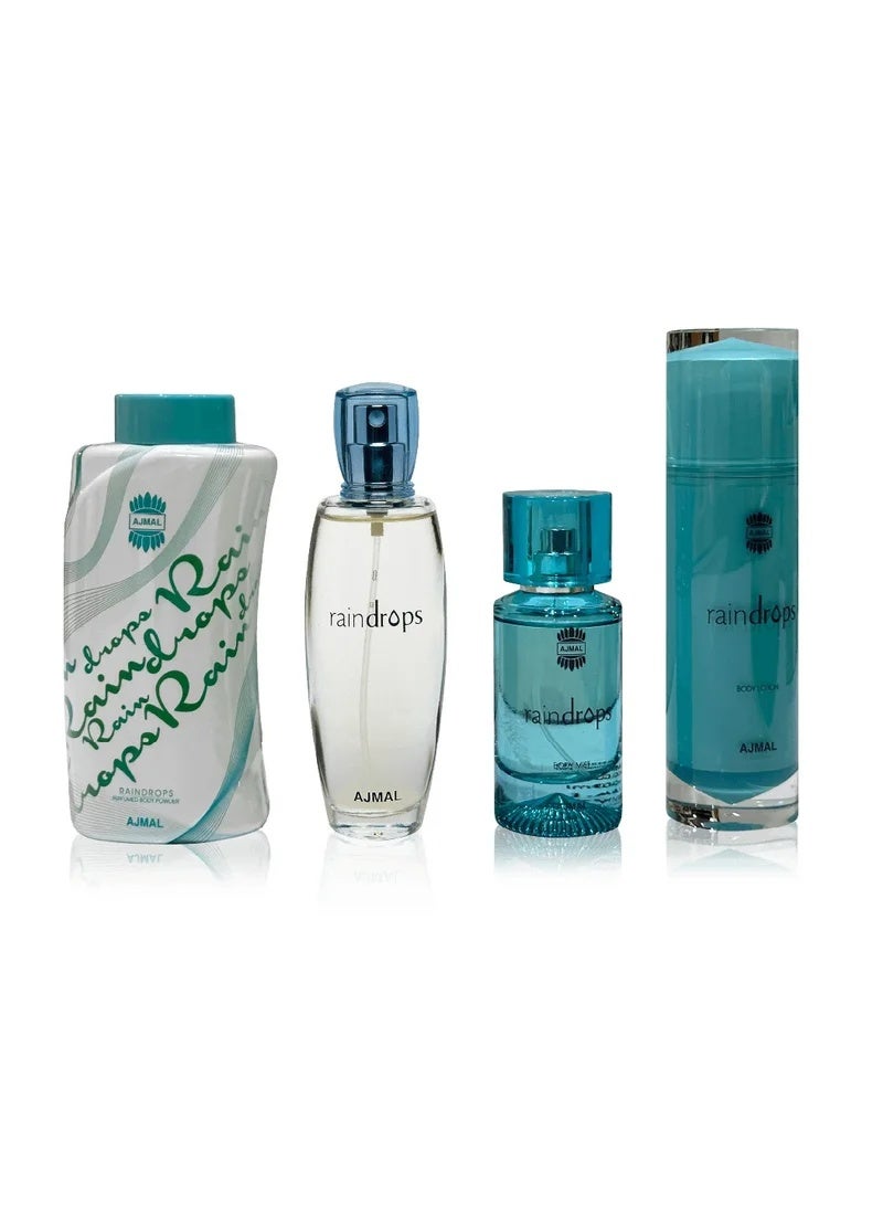 Ajmal Raindrops Gift Set (EDP 100 ml + Body Mist 50ml + Talc Powder 100gm + Body Lotion 100ml) - Image 2
