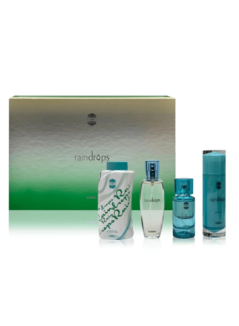 Ajmal Raindrops Gift Set (EDP 100 ml + Body Mist 50ml + Talc Powder 100gm + Body Lotion 100ml) - Image 3