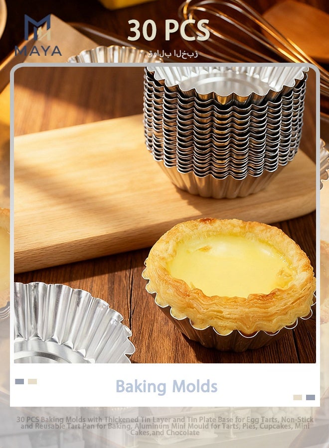 Maya 30 PCS Baking Molds with Thickened Tin Layer and Tin Plate Base for Egg Tarts, Non-Stick and Reusable Tart Pan for Baking, Aluminum Mini Mould for Tarts, Pies, Cupcakes, Mini Cakes,and Chocolate - Image 1
