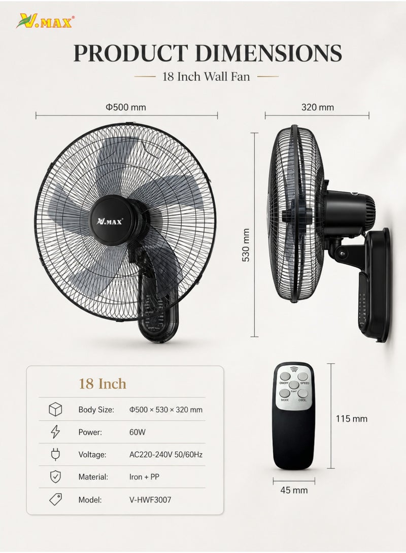 Vmax 18 Inch Remote Wall Fan, 60W Powerful Cooling, 5-Blade Wide Airflow, Oscillation Mode, Timer Function, Low Noise Wall Mounted Fan for Home Office Shop - Image 4
