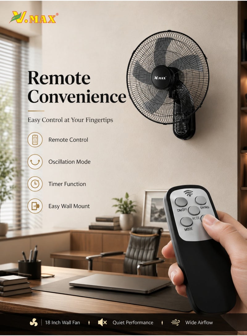 Vmax 18 Inch Remote Wall Fan, 60W Powerful Cooling, 5-Blade Wide Airflow, Oscillation Mode, Timer Function, Low Noise Wall Mounted Fan for Home Office Shop - Image 5
