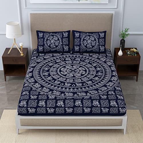 Blizz Mont 100% Cotton Indigo Print Double Bedsheet with 2 Pillow Cover Set | 100% Fast Colour | Size- 90 x 108 Inch- (Design 1)-C - Image 1