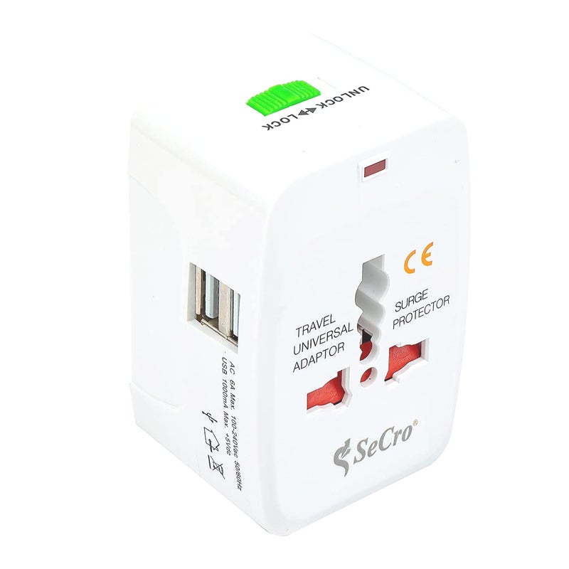 SeCro Smart All in One International Adapter with Two USB Charging Port Universal Travel Adapter with USBEU US AUS NZ UK 1 Pack White - Image 1