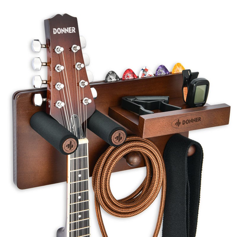 Donner Guitar Wall Mount Shelf Guitar Wall Hanger with Pick Holder and 2 Hooks Wood Guitar Rack for Acoustic Electric Bass Ukulele and Guitar Accessories