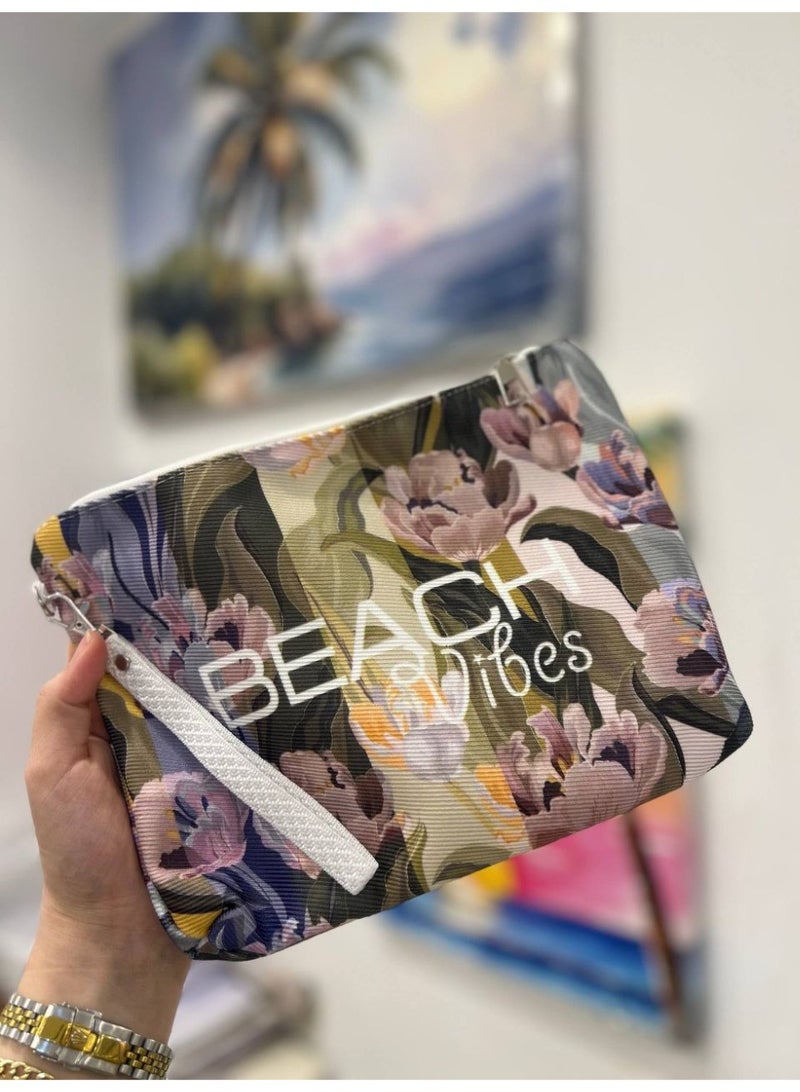 Waterproof beach tote bag with a makeup clutch—a large gabardine beach bag with high-quality double-sided printing, perfect for travel and summer vacations - Image 2