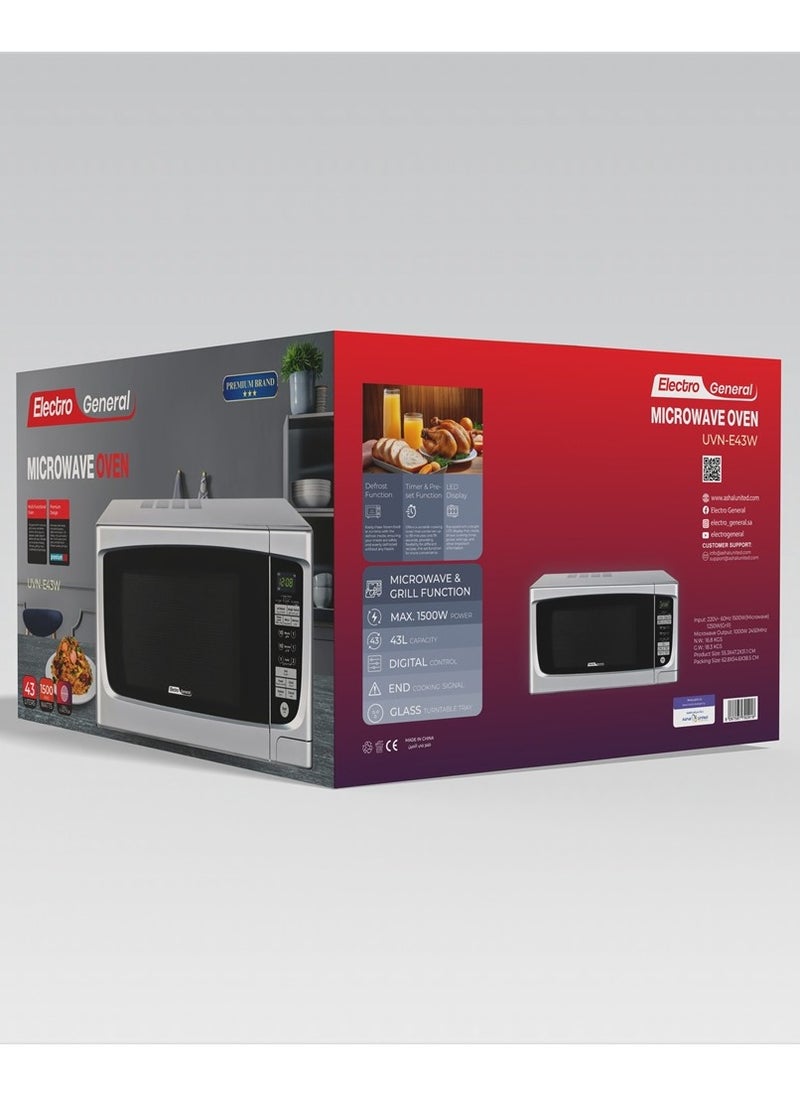 Electro General - Microwave Multi-Functional Oven With Grill HIGH POWER 1500W, 43 Liter Capacity & Digital Touch Control WITH LED Display, Defrost Settings, 99 Minutes TIMER & PRE SET FUNCTION, PREMIUM DESIGHN, UVN-E43W - Image 1