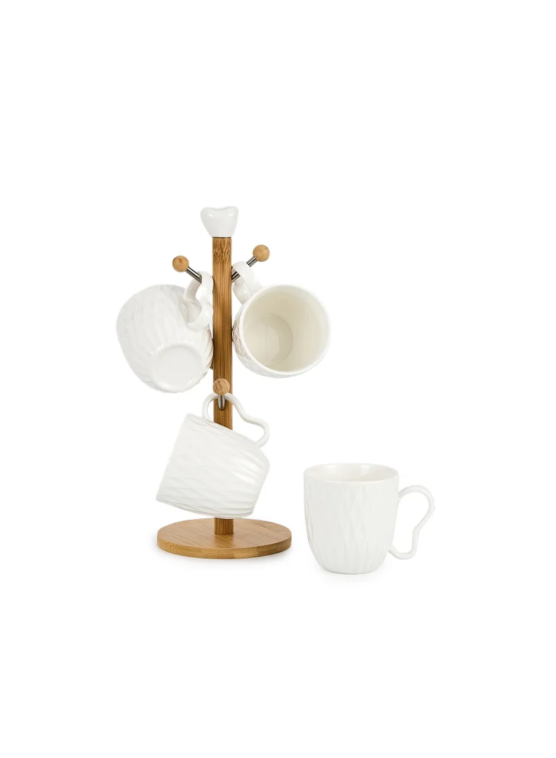 Shallow Shallow Elegant Porcelain Bamboo 4 Mug Set with Stand, 300ml
