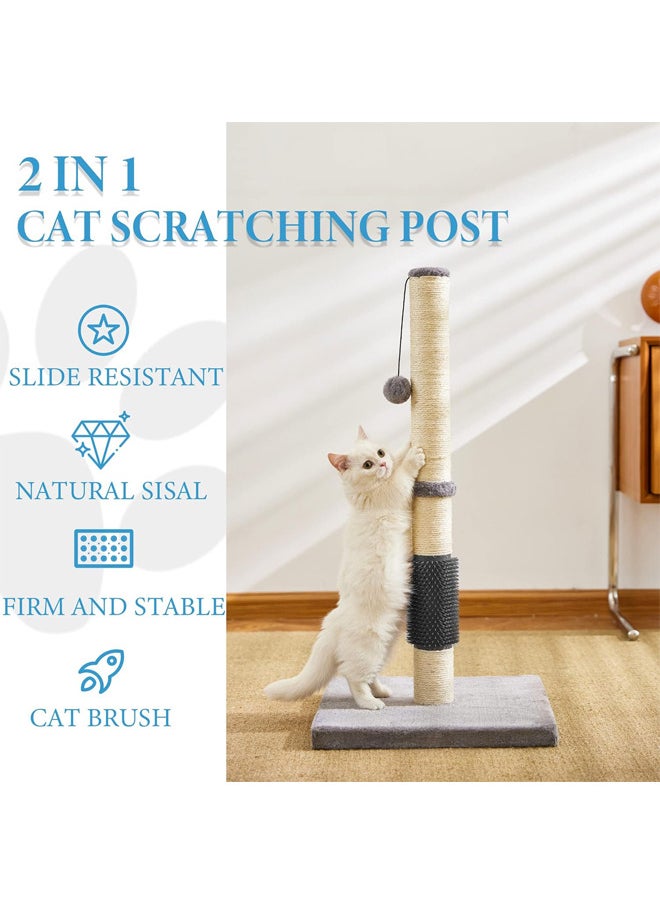 Scratching Post for Indoor Cats,Sisal Rope Cat Tree with Hanging Ball and Mouse Toy(80cm Tall,Grey with Massage Brush)