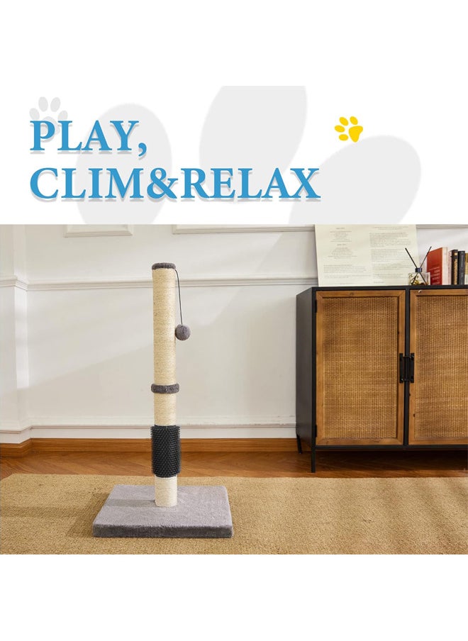 Scratching Post for Indoor Cats,Sisal Rope Cat Tree with Hanging Ball and Mouse Toy(80cm Tall,Grey with Massage Brush)