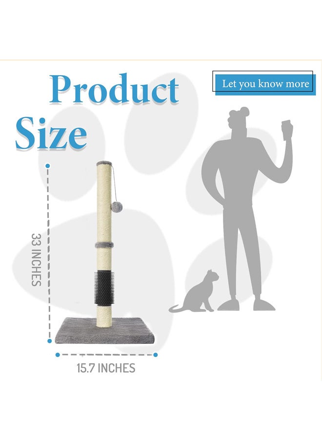 Scratching Post for Indoor Cats,Sisal Rope Cat Tree with Hanging Ball and Mouse Toy(80cm Tall,Grey with Massage Brush)