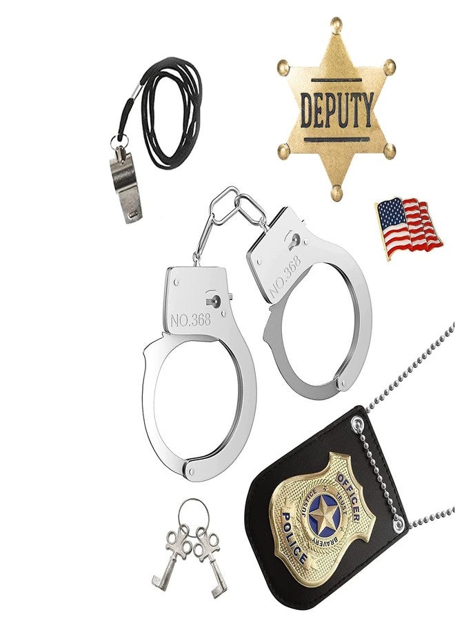 Finduat Police Badge Police Pretend Play Toy Set for Metal Handcuffs with Key American Flag Waving Lapel Pins Whistle Halloween NYPD Police Deputy Badge Dress Up Pretend Play Accessory - Image 1