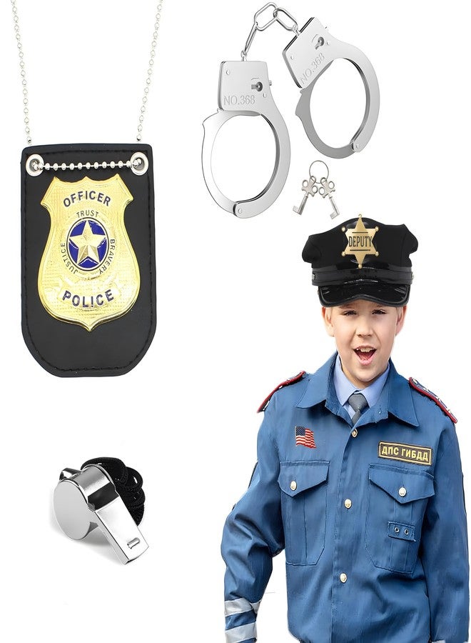Finduat Police Badge Police Pretend Play Toy Set for Metal Handcuffs with Key American Flag Waving Lapel Pins Whistle Halloween NYPD Police Deputy Badge Dress Up Pretend Play Accessory - Image 3